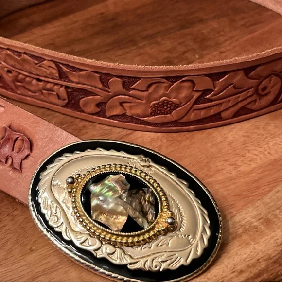 Vintage Tooled Leather Belt - Gold Black & Abalone Buckle- “Roy” 35-39” - Picture 5 of 9